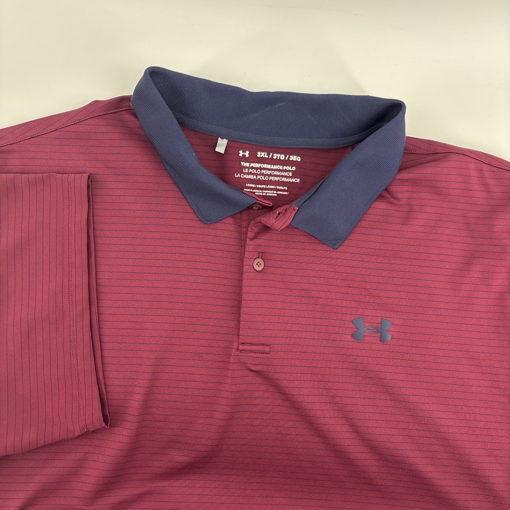 Under Armour Polo Shirt Men 3XL Maroon Navy Stripe Playoff Golf Performance‎